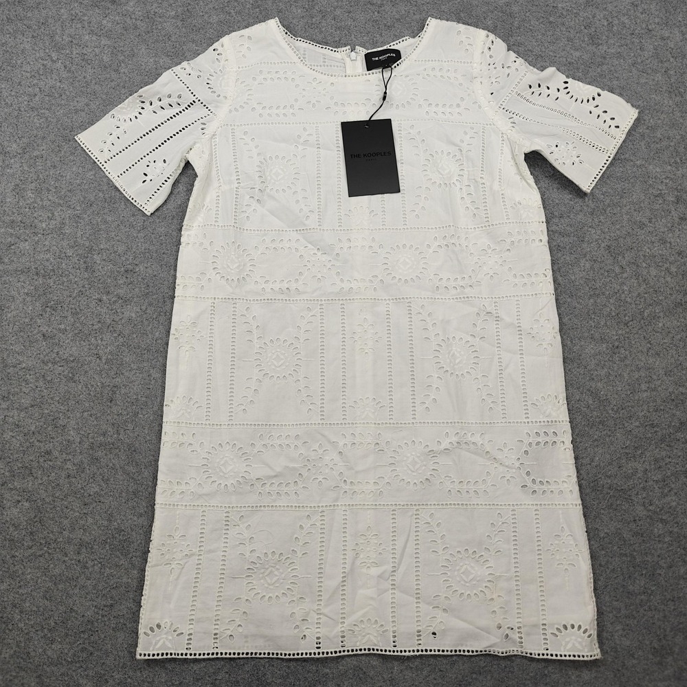The Kooples Dress Womens 2 White Floral Embroidered Shift Short Sleeve Lined New